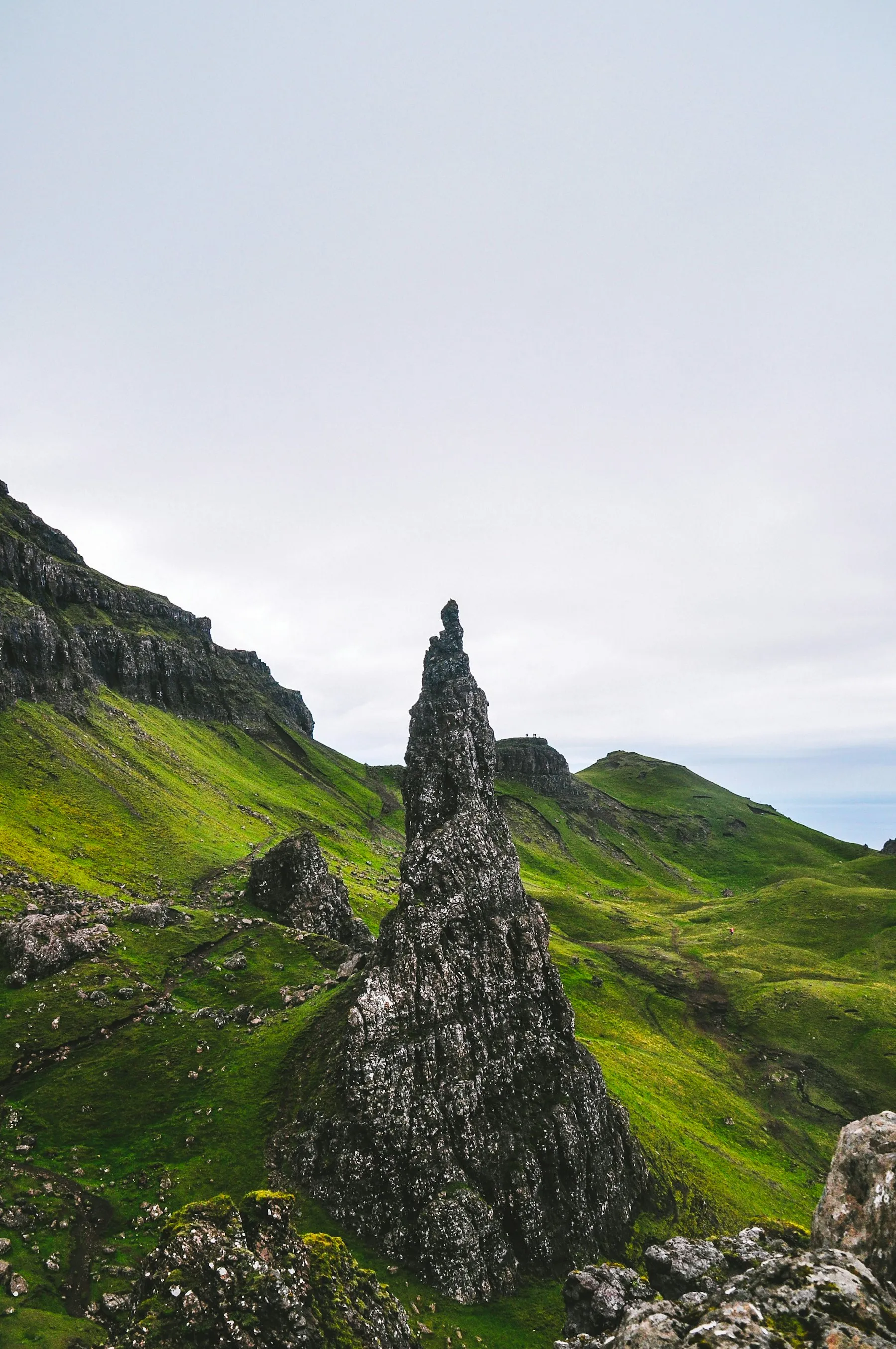 The rock pinnacles of the Old Man of Storr above green slopes